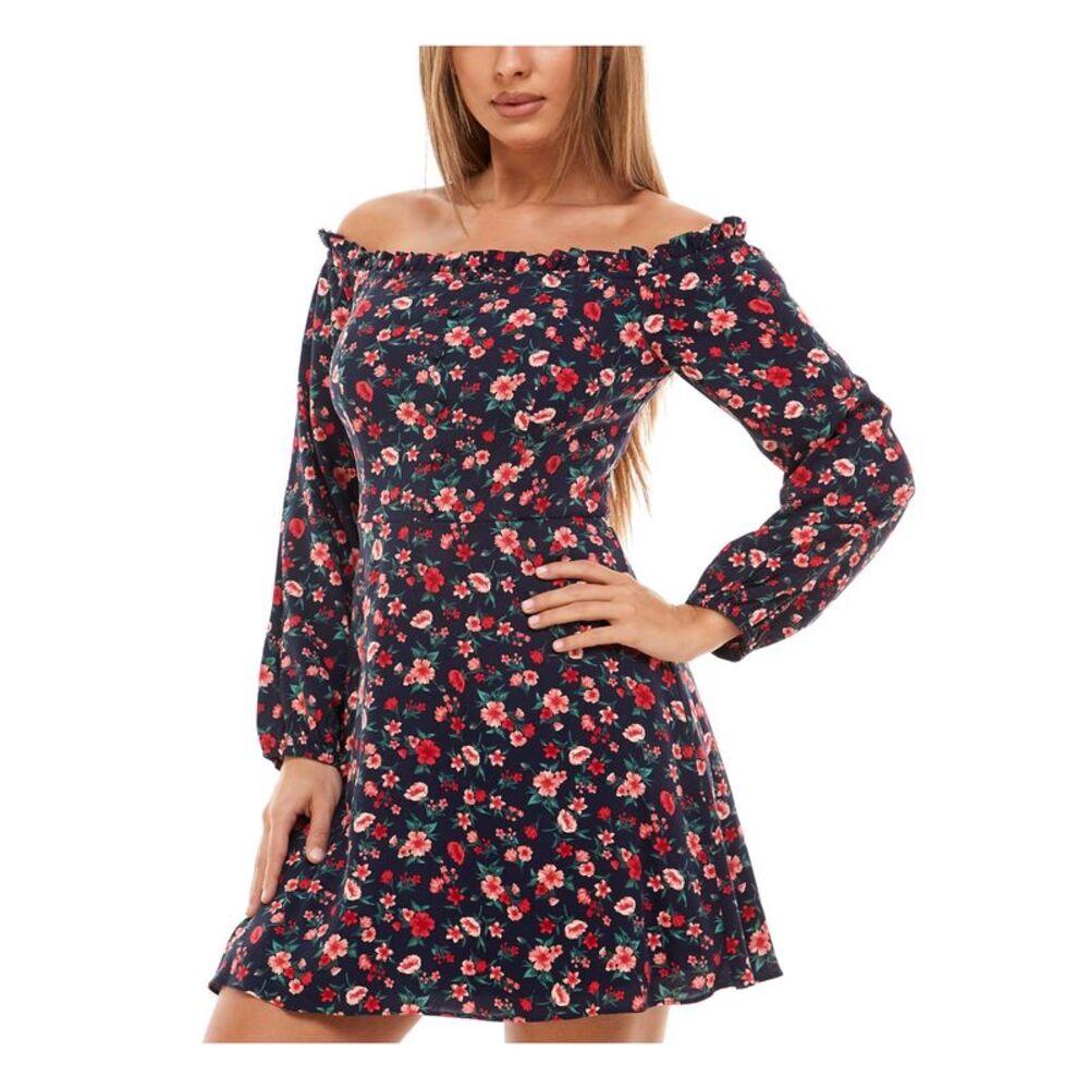 NWT B DARLIN Womens Fit + Flare Short Dress Navy Long Sleeve Evening Juniors 0 - Picture 3 of 5